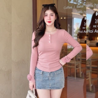 เสื้อแฟชั่น ผ้าร่องพรีเมี่ยม แขนยาวแต่งกุหลาบ กระดุมหน้า แฟชั่นน่ารักๆ ใส่เที่ยว ใส่แมท LG329