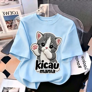 เสื้อยืดแขนสั้นสีขาวนวล แมวสามสีน่ารัก Kicau Mania สไตล์เกาหลี ฤดูร้อน Oversize เสื้อยืดผู้หญิง​ 6.23