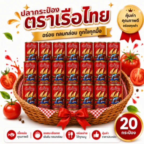 ขายดี 20 กระป๋อง - ตราเรือไทย สูตรปลาซาร์ดีนในซอสมะเขือเทศ 155g