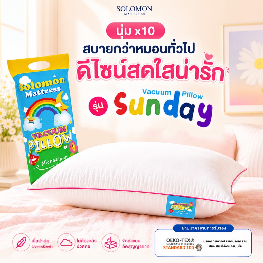 SOLOMON หมอนหนุนสุญญากาศ Sunday Pillow นุ่มx10 หมอนไมโครไฟเบอร์ ลดปวดคอ หมอนนุ่มฟู