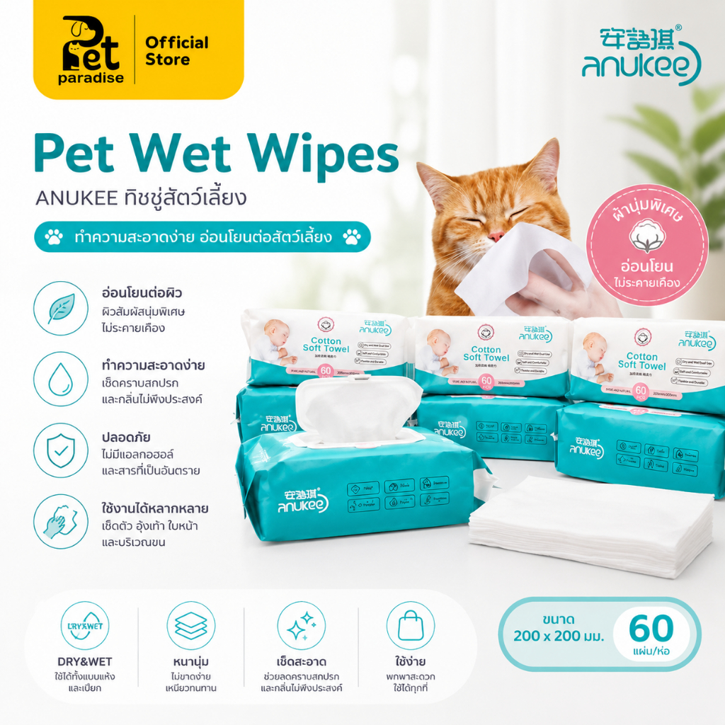 🌈PetParadise.th✨Anukee ทิชชู่สำหรับสัตว์เลี้ยง ทิชชู่ทำความสะอาด ทิชชู่สัตว์ ผ้าเช็ดหน้า กระดาษชำระ