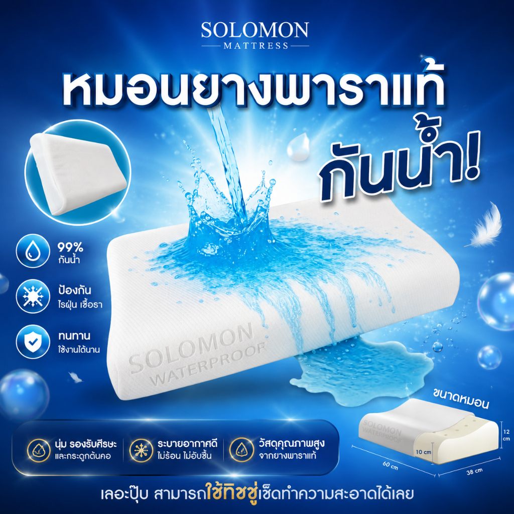 Solomon หมอนยางพาราแท้ 99% รุ่น Latex Waterproof ผ้ากันน้ำ ลดปวดคอ รองรับสรีระ นอนได้ 2 ด้าน