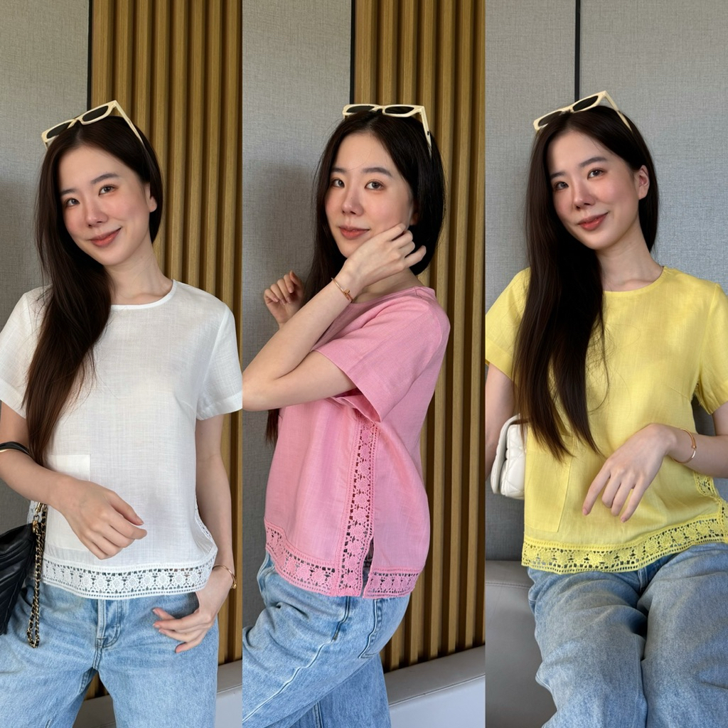 L6เสื้อคอกลมแขนสั้นทรงเบสิคแต่งลูกไม้ผ้าลินินSILKอก38/40/42/44