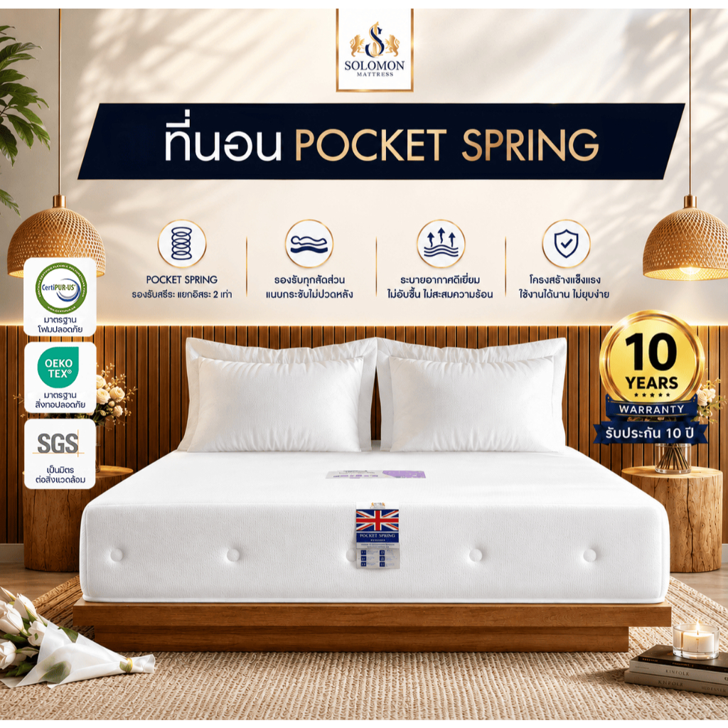 Solomon ที่นอน Pocket Spring เพื่อสุขภาพ หนา 11 นิ้ว สัมผัสนุ่มเด้งพิเศษ ลดปวดหลัง