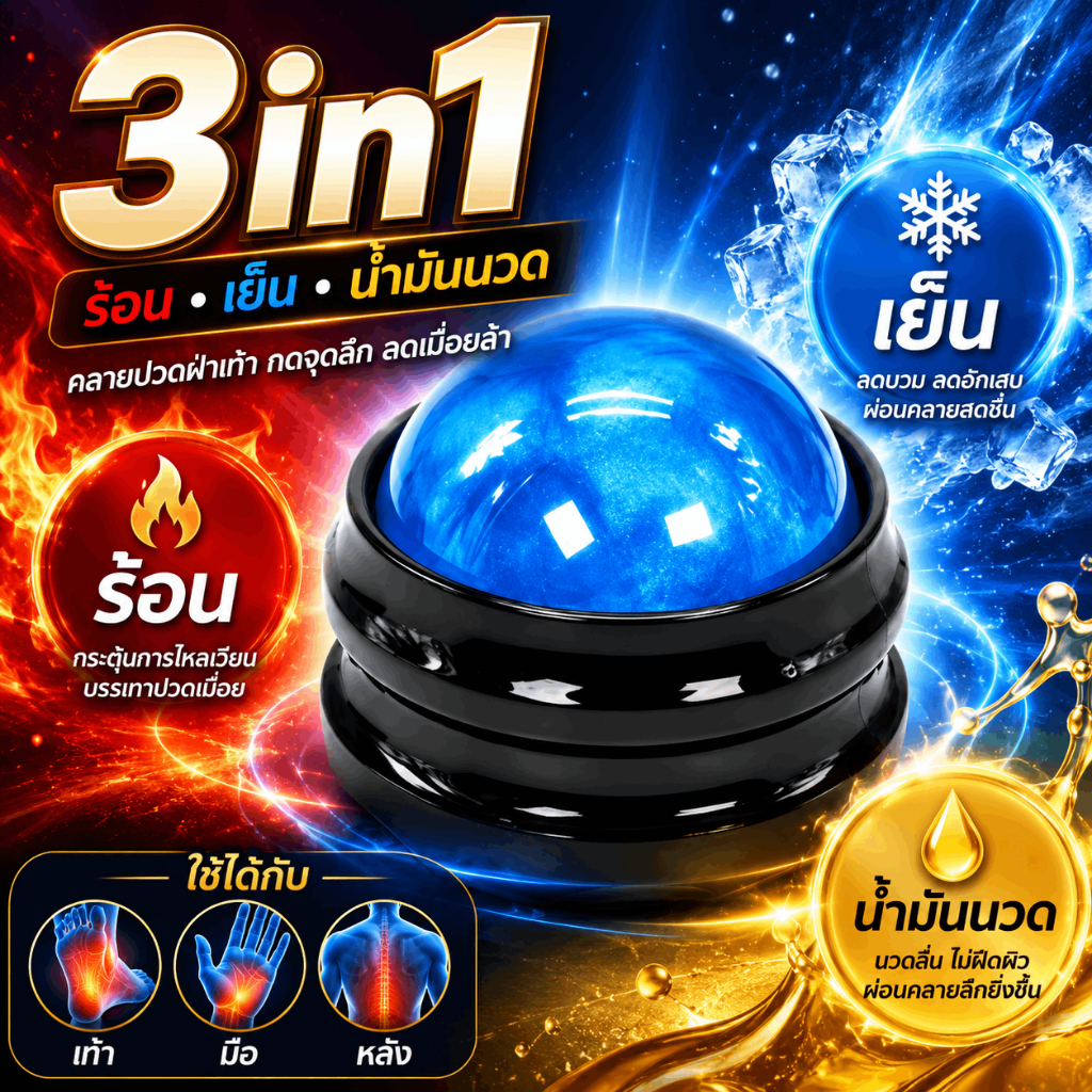 ลูกบอลนวดเท้า 3in1 ร้อนเย็น น้ำมันนวด คลายปวด รองช้ำ Fascia Ball นวดเท้า