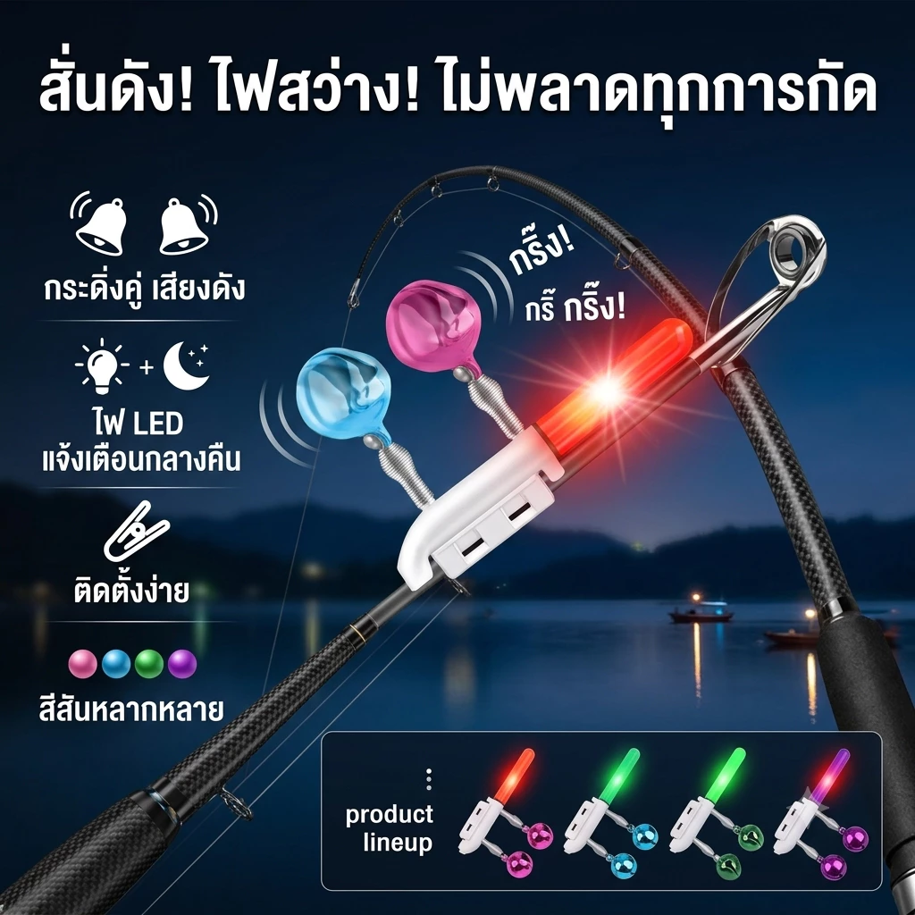 Luxe-T กระดิ่งตกปลา LED แบบหนีบคันเบ็ด คู่ สัญญาณเตือนกัดเหยื่อ ไฟส่องสว่างกลางคืน ไม่ใช้แบตเตอรี่