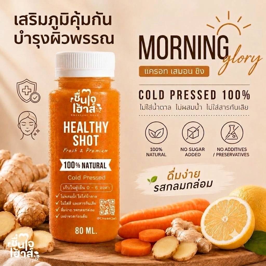 Morning Glory บำรุงผิวพรรณ เสริมภูมิคุ้มกัน (ขิง+แครอท+เลม่อน) Ginger Shot ขิงช็อต -ชื่นใจเฮ้าส์