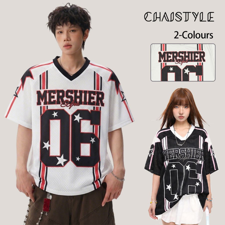 Chaistyle วินเทจสไตล์อเมริกัน ชุดกีฬา เสื้อยืด ตาข่ายระบายอากาศ เหมาะสำหรับฤดูร้อน พิมพ์ลาย หลวม การออกกำลังกาย