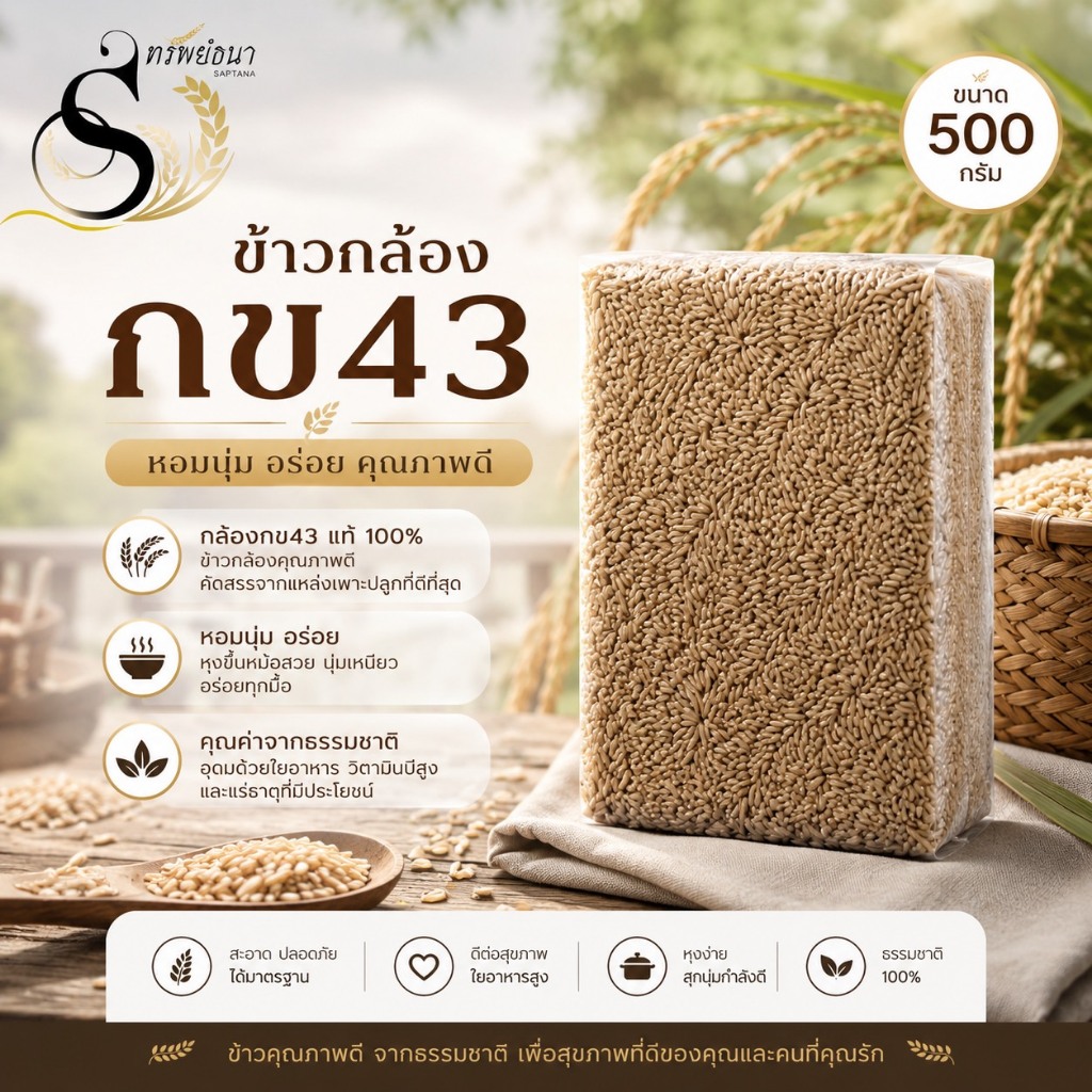 ข้าวกล้องกข43 ตราทรัพย์ธนา ขนาด500กรัม เมล็ดสวย สดใหม่ จากโรงสี