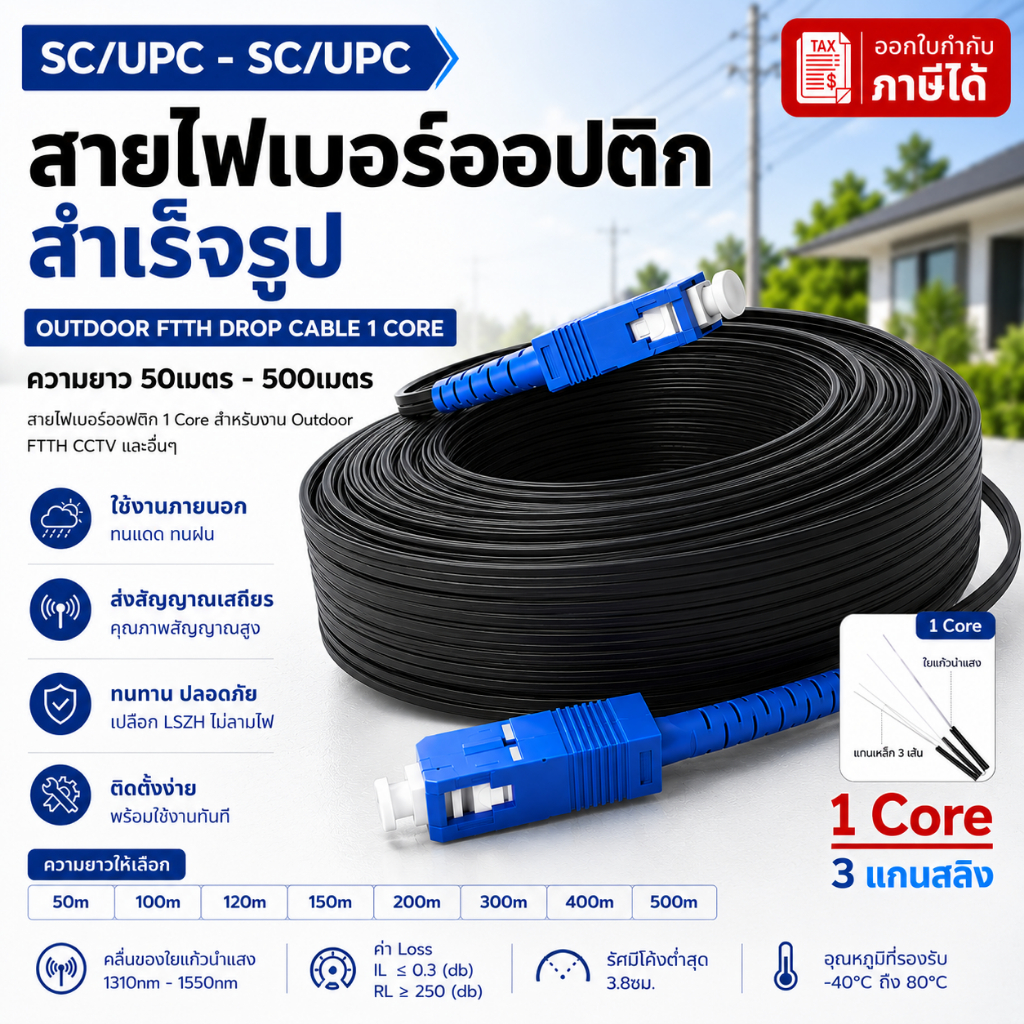 ส่งฟรี🔥 สายไฟเบอร์ออปติกสำเร็จรูป 50m~500m ภายนอก Drop Cable 1core แกนเหล็ก3เส้น SC/SC SM LSZH fiber drop wire cable