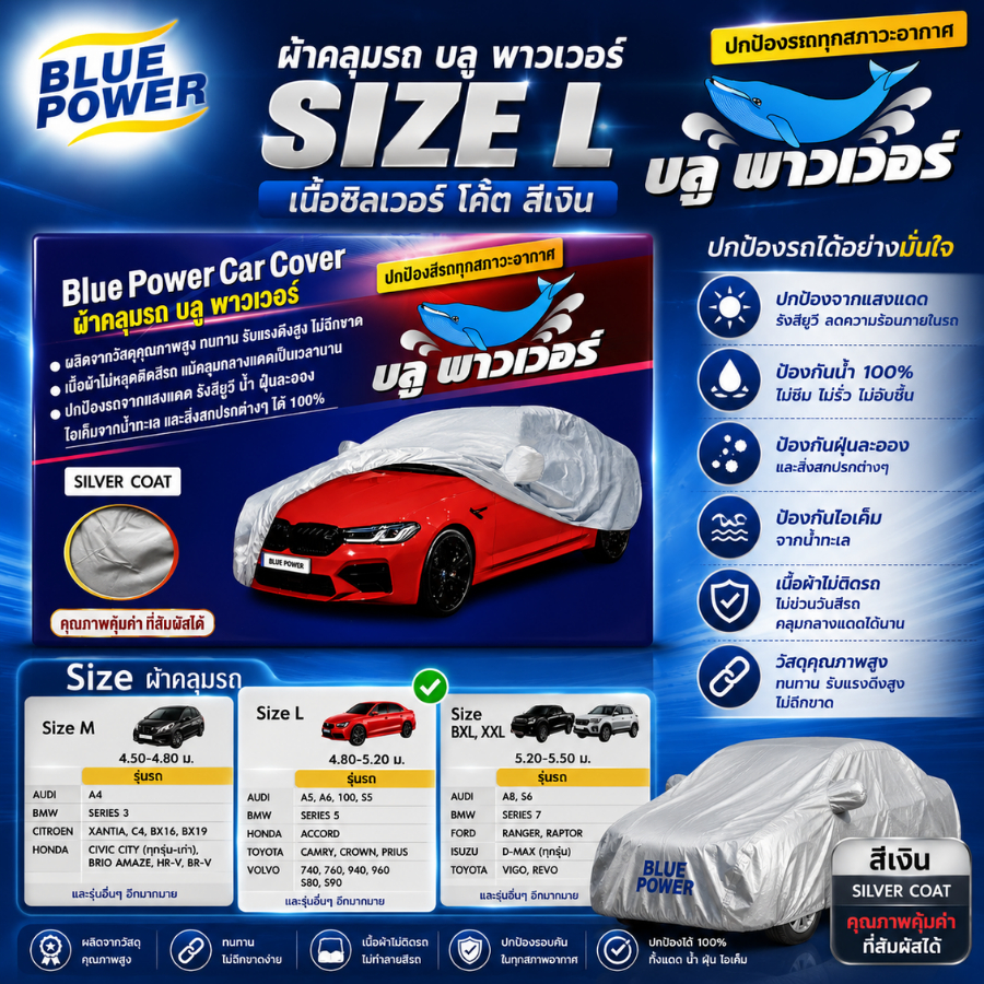 ผ้าคลุมรถ Size L Blue Power เนื้อซิลเวอร์ โค๊ต-สีเงิน 902-019