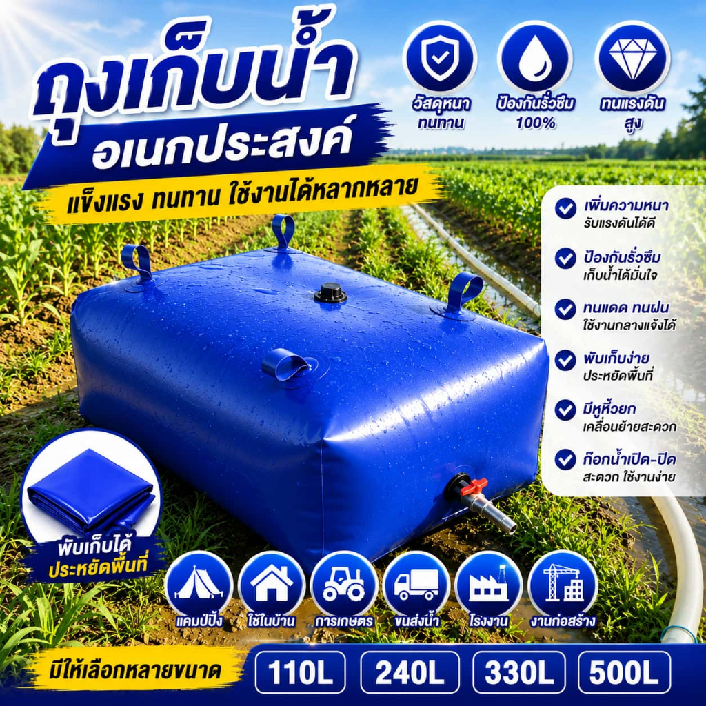 ถุงน้ําดื่ม 110L 240L 330L 500L 2000L ลิตร ความจุขนาดใหญ่ PVCหนาทนทานพิเศษ ถุงน้ําพับได้กลางแจ้งแบบพกพา ถุงน้ำกลางแจ้ง
