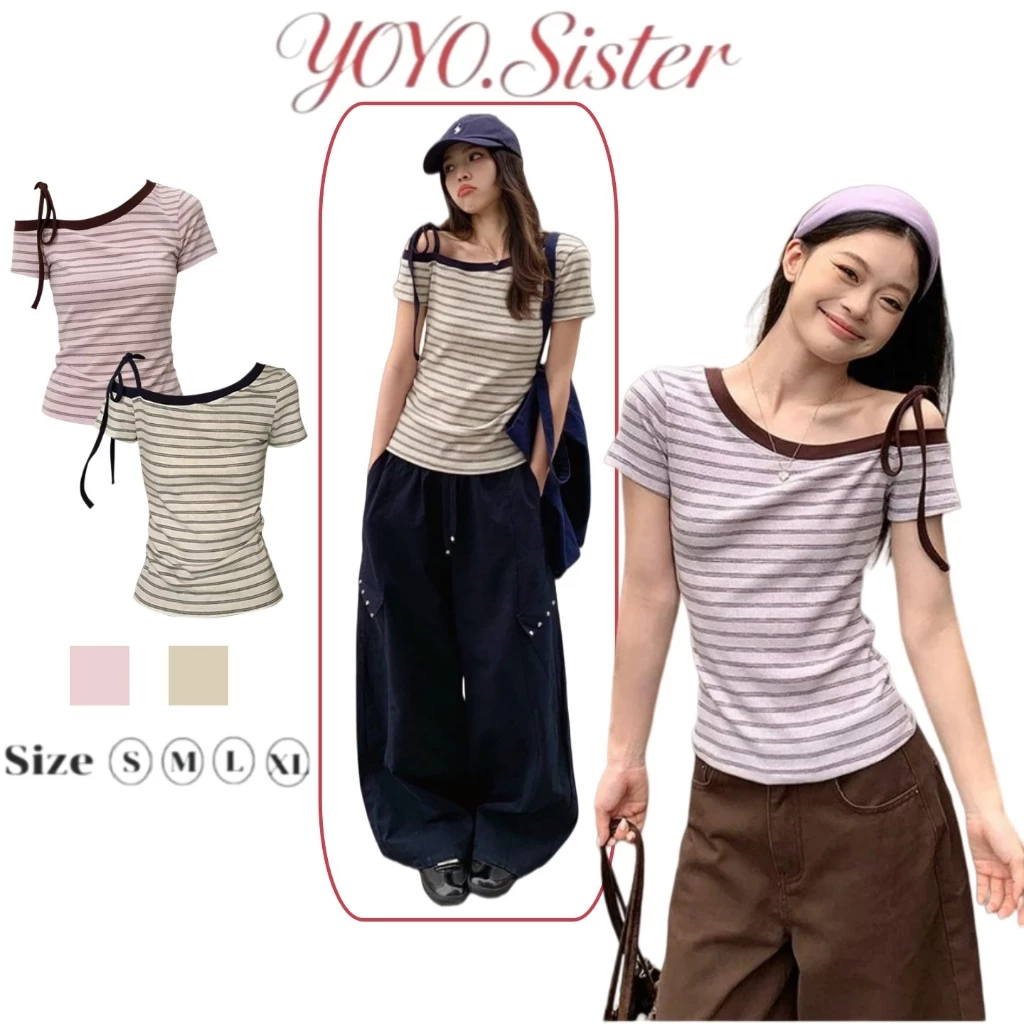 YOYO พร้อมส่ง🌈เสื้อยืดลายทางไหล่ลาดข้างเดียว🌈มีเชือกผูกตกแต่ง รัดสัดเอว แต่งคู่กับกางเกงกว้างได้ สไตล์สาวเกาหลีประจำวัน
