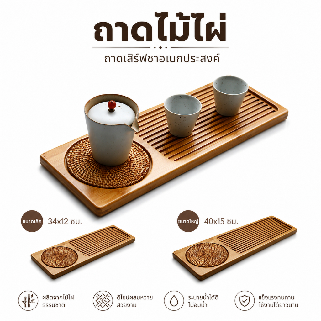 ถาดชงชาไม้ไผ่ ถาดรองน้ำชาสไตล์ญี่ปุ่น พร้อมที่วางกาน้ำ (Bamboo Tea Tray Japanese Style) ถาดเสิร์ฟชาไม้ไผ่ญี่ปุ่น ถาดชงชา