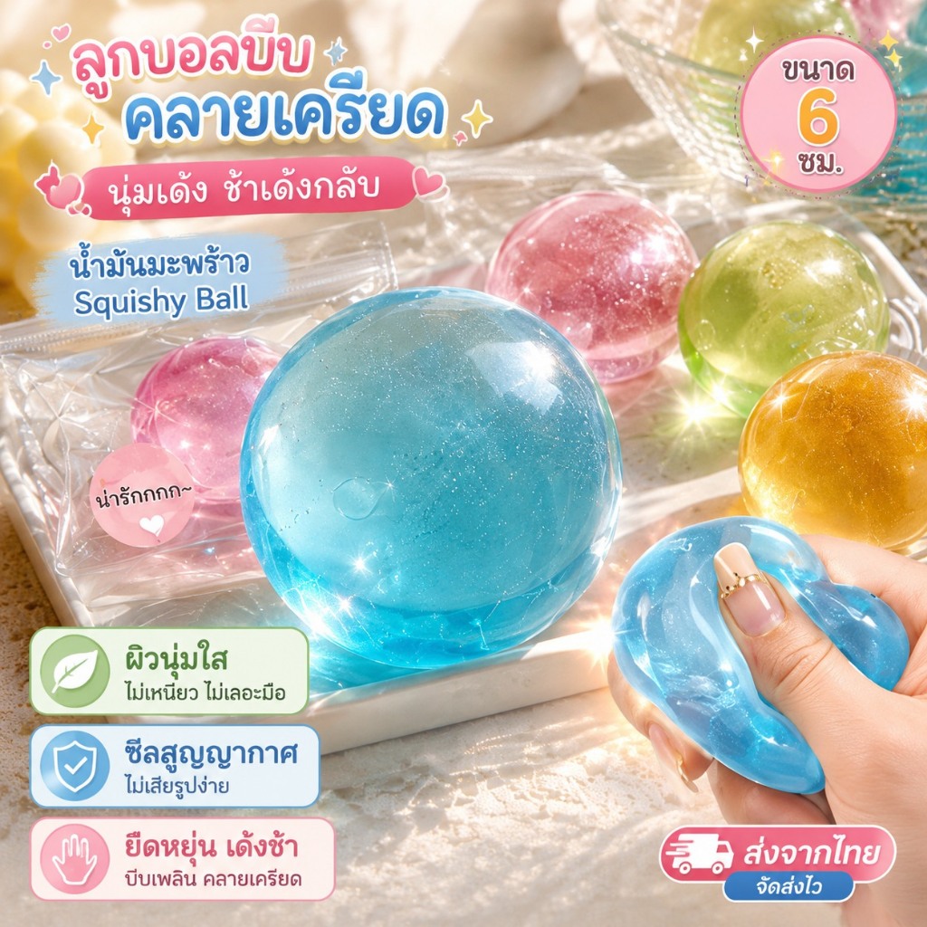 ส่งจากไทย💥น้ํามันมะพร้าว Squishy ความเครียด Ball ช้า Rising Shapeable โปร่งแสง Sensory Fidget ของเล่นสําหรับความวิตกกังว