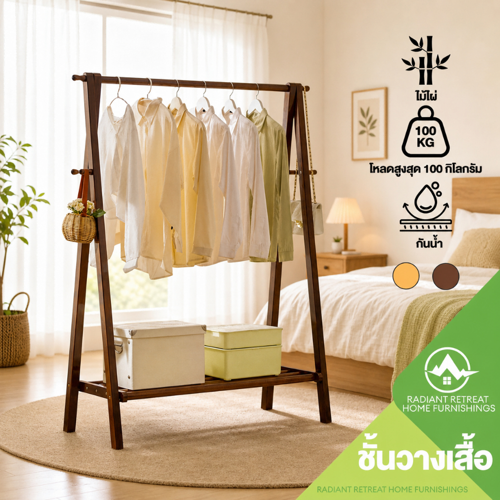 ราวแขวนเสื้อผ้าแบบตั้งพื้นสำหรับใช้ในบ้าน ราวแขวนเสื้อผ้าในห้องนอนพร้อมชั้นวางเก็บของแบบถอดได้