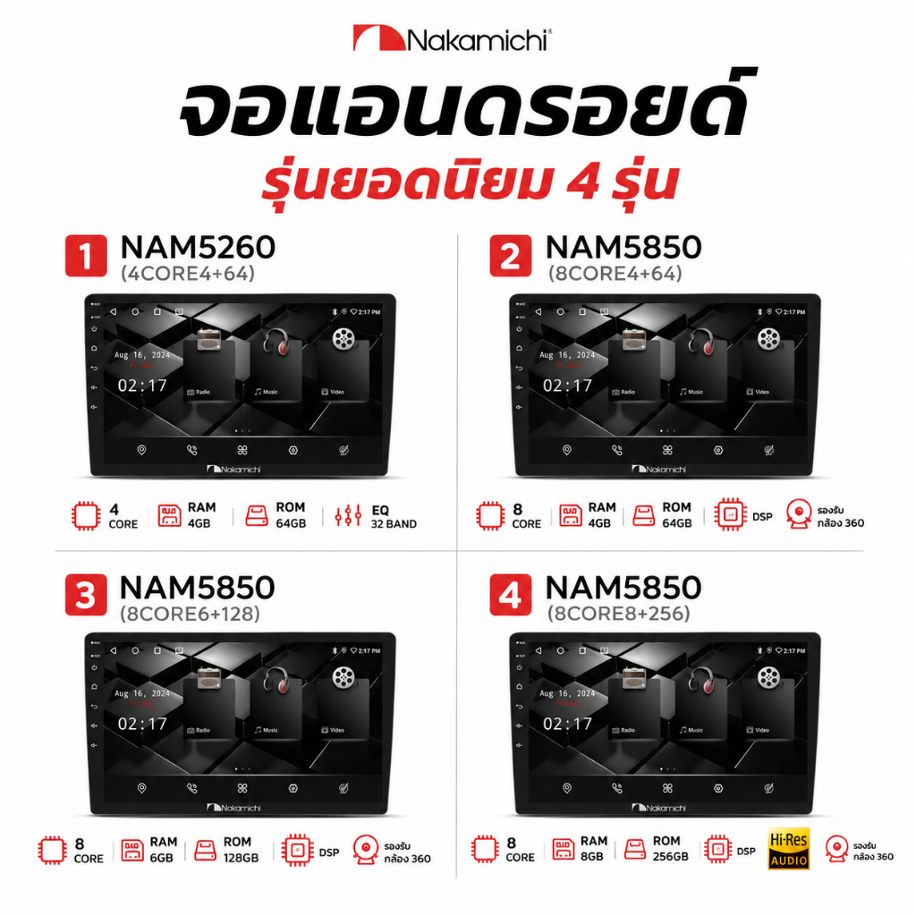 จอแอนดรอยติดรถยนต์ Nakamichi NAM5260 / NAM5850  (Android 13)  9"/10" QLED-2K DSP รองรับกล้อง 360° RA