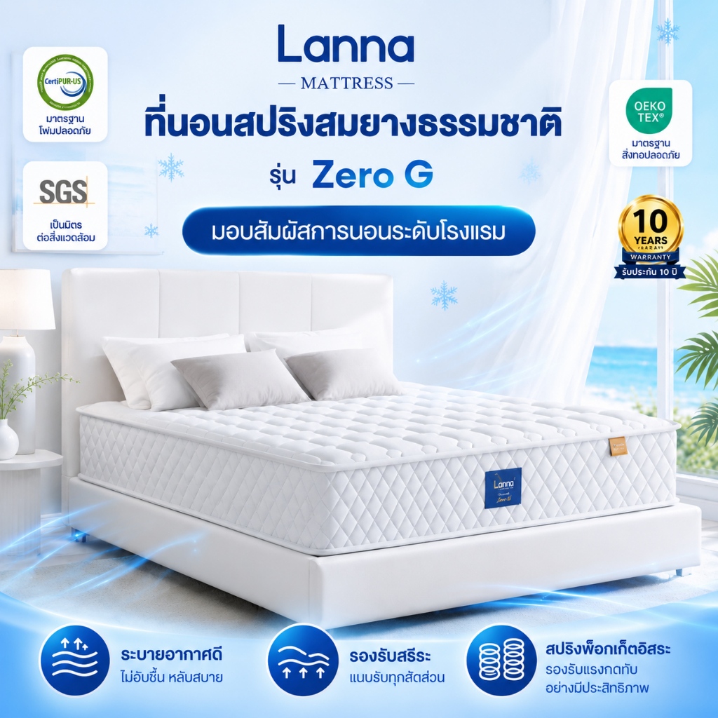 LANNA ที่นอนสปริงเกรดโรงแรม หนา9นิ้ว รุ่น ZeroG ที่นอน3.5ฟุต 5ฟุต 6ฟุต แถมหมอนหนุนเกรดโรงแรม