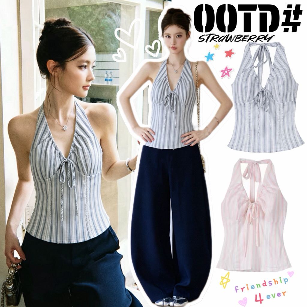 STR พร้อมส่ง👚✨เสื้อสายเดี่ยวคล้องคอผ้าลายลินินคอวีผูกโบว์หลังเสื้อคอรอปทรงเข้ารูปใส่แล้วหุ่นสวยลําลองสําหรับผู้หญิง