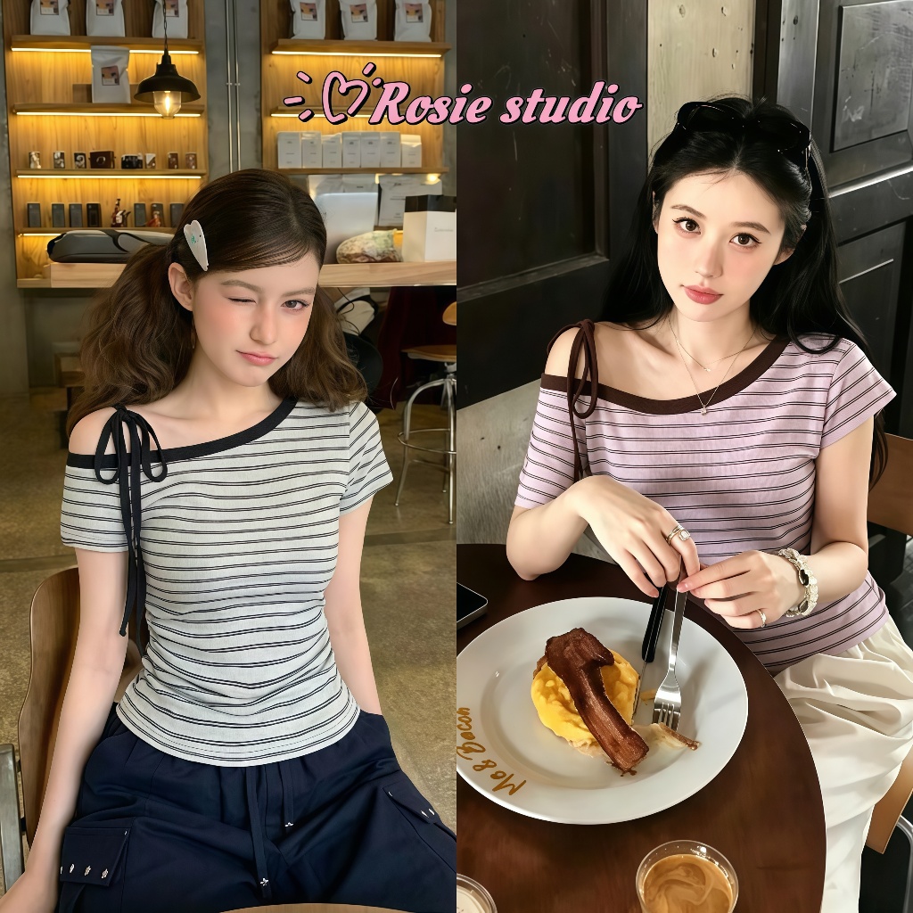 Rosie พร้อมส่ง เสื้อยืดแขนสั้นลายทางคอเอียงผู้หญิง เปิดไหล่ ดีไซน์รัดรูปซ่อนอ้วนช่วยผอมสวย