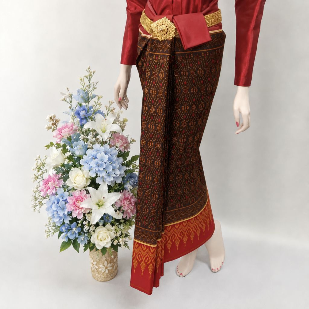 ผ้าถุงลายไทย นุ่งสด สีน้ำตาลเม็ดมะขาม เชิงแดง 2-4 หลา ใช้นุ่งรำ ฟ้อนรำ ตัดชุดไทย