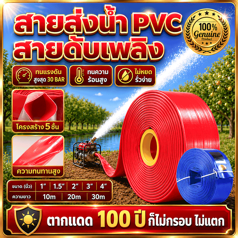 ทนแดดจัดไม่แตกร้าว สายส่งน้ำ pvc ทนแรงดันสูง น้ำไหลแรง สีแดง ขนาด 1-4 นิ้ว ยาว 10-30 เมตร สายยางดับเพลิง สายส่งPE
