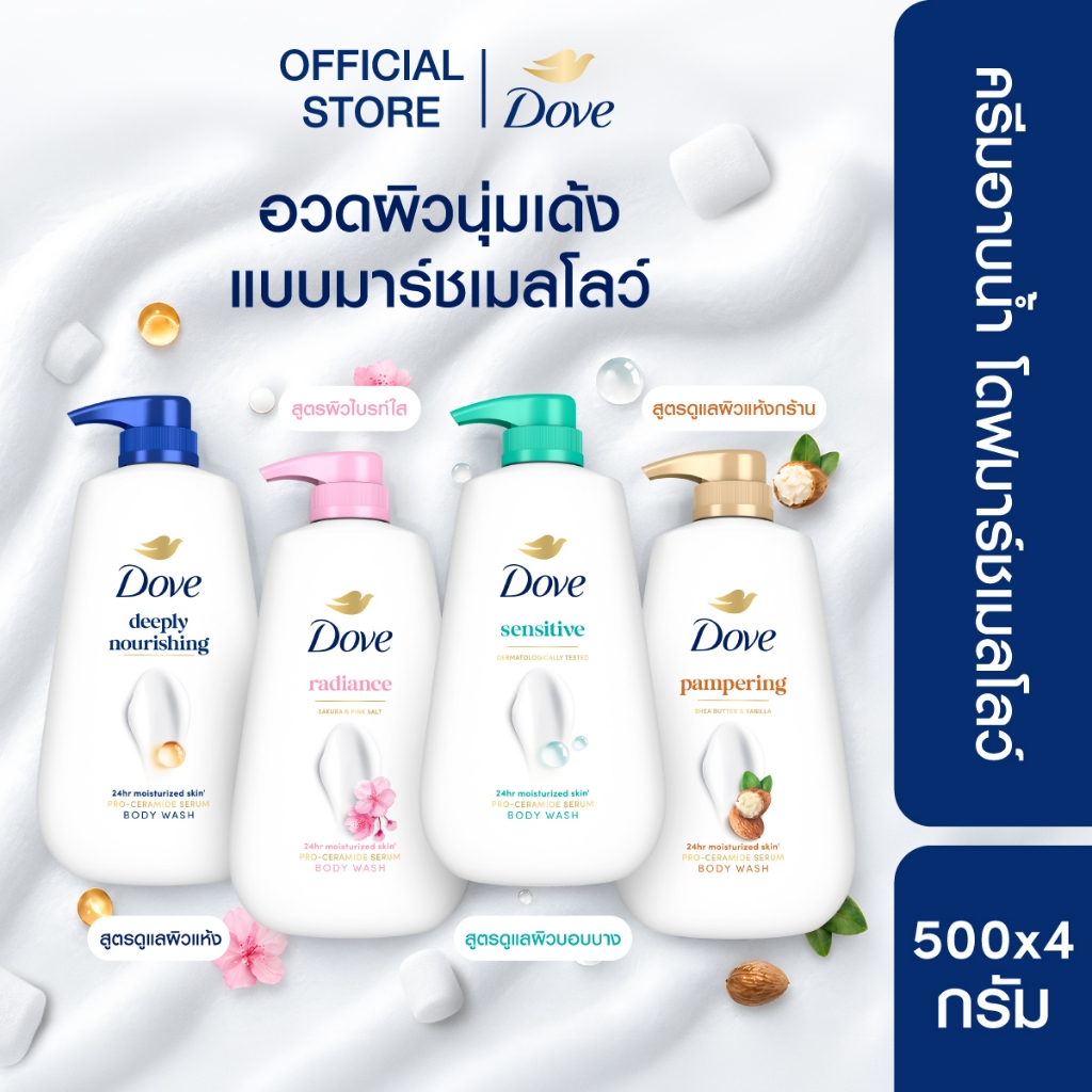 โดฟ ครีมอาบน้ำ สบู่เหลวสูตรอ่อนโยน (ดีพลี่ เนอร์ริชชิ่ง,แพมเพอริ่ง,เรเดียนซ์,เซนซิทีฟ) ขนาด 500 กรัม. X4
