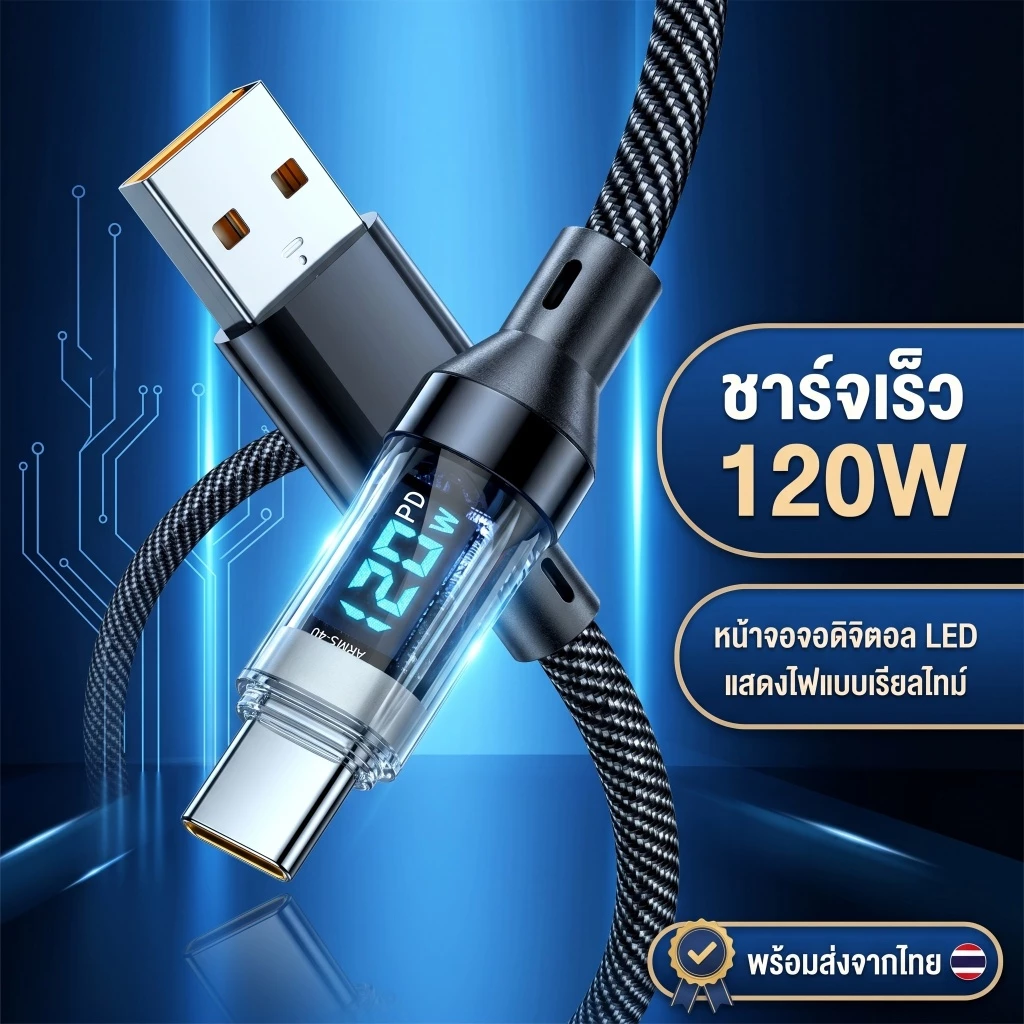 120W 6A ชาร์จเร็วสุดๆ USB C TO Type C สายชาร์จดิจิตอล PD สายชาร์จเร็ว สำหรับมือถือและแท็บเล็ต 1/2เมตร