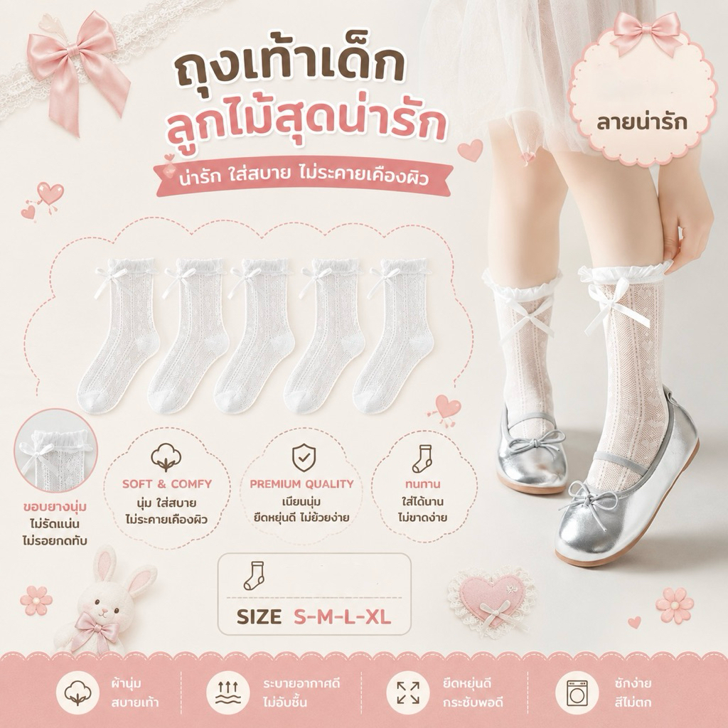 🚚(ส่งด่วนกทม.)ถุงเท้าเด็กสไตล์เกาหลี (ลูกไม้โบว์เกิร์ลลี่) แพ็คสุดคุ้ม!! Y033 พร้อมส่ง🇹🇭