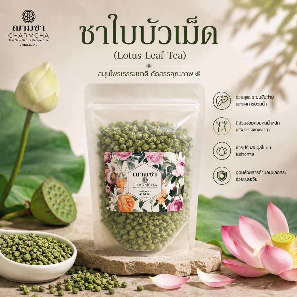 ชาใบบัวเม็ด (Lotus Leaf Tea) ทำให้สดชื่น ชาดอกไม้ ฌามชา Charmcha