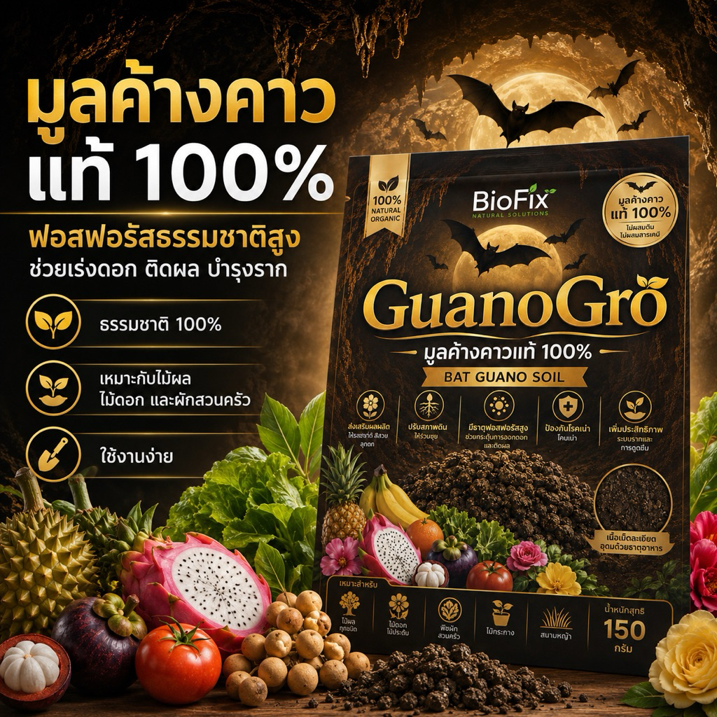 BioFix GuanoGro มูลค้างคาวแท้ 100% ฟอสฟอรัสธรรมชาติสูง เร่งดอก ติดผล บำรุงราก ปรับปรุงดิน สำหรับไม้ผล ไม้ดอก และผัก