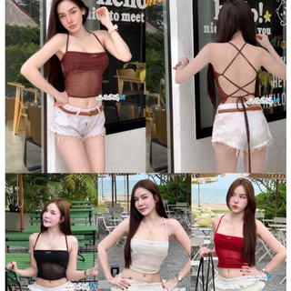 MNV STUDIO สายเดี่ยวถักหลังผ้า ซีทรูเพชร ติดอะไหล่แบรนด์ ตัวจิ๋ว เซ็กซี่ แซ่บมากแม่