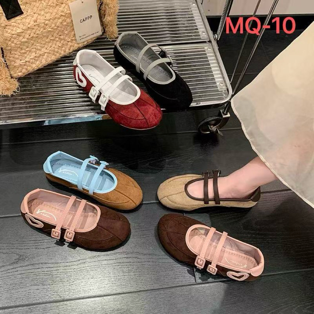 พร้อมส่ง คัชชูหนังกลับ สีทูโทน ปักลายหัวใจน่ารักมีถึง5สี