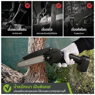 เลื่อยไร้สายขนาด 6 นิ้ว 21 โวลต์ พร้อมแบตเตอรี่และที่ชาร์จ น้ำหนักเบาและพกพาสะดวก ใช้สำหรับตัดไม้และตัดแต่งกิ่งไม้