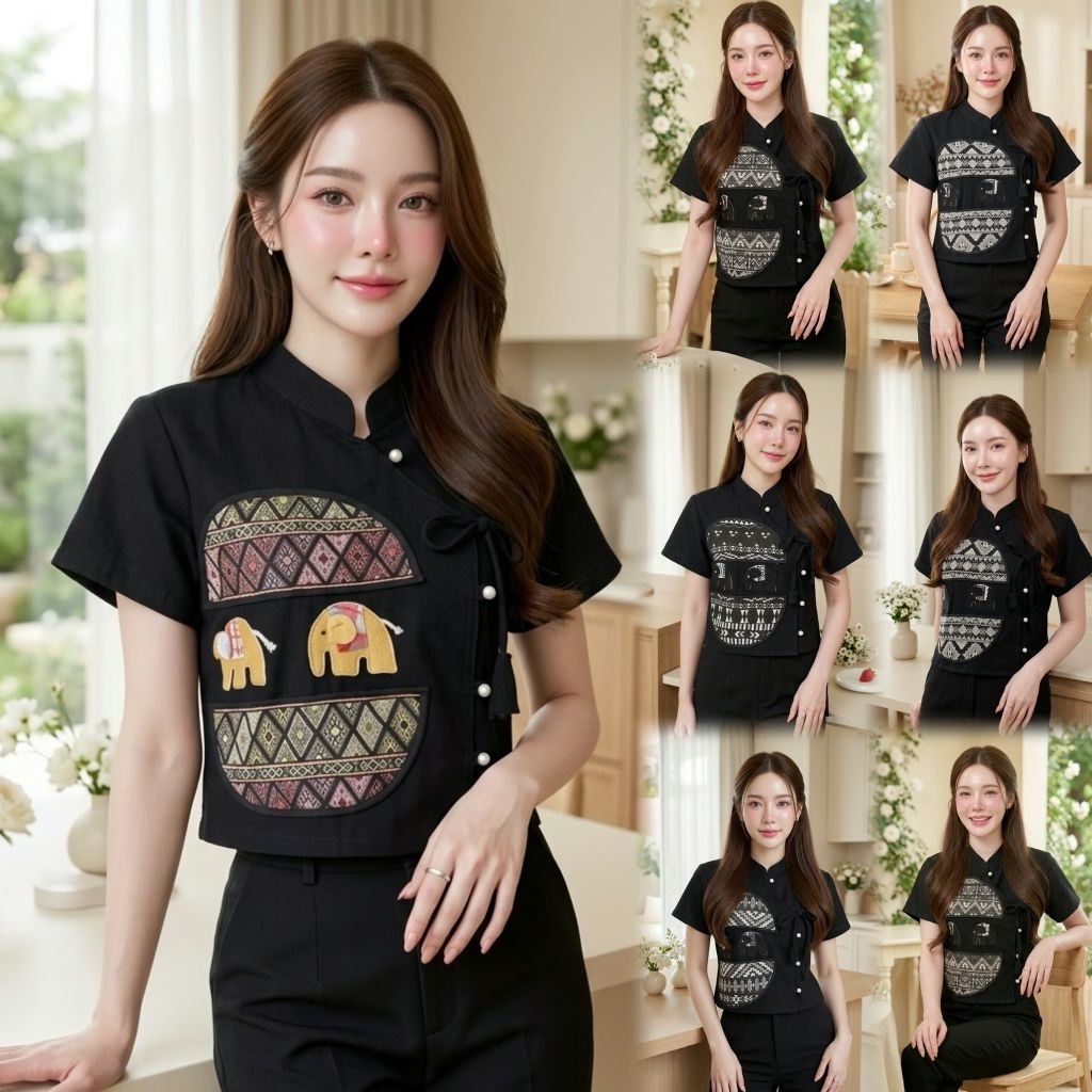 เสื้อพื้นเมืองผู้หญิงคอจีนผูกโบว์ ติดตุ๊กตาช้าง รุ่น “ ขวัญคชาผูกทรัพย์ "