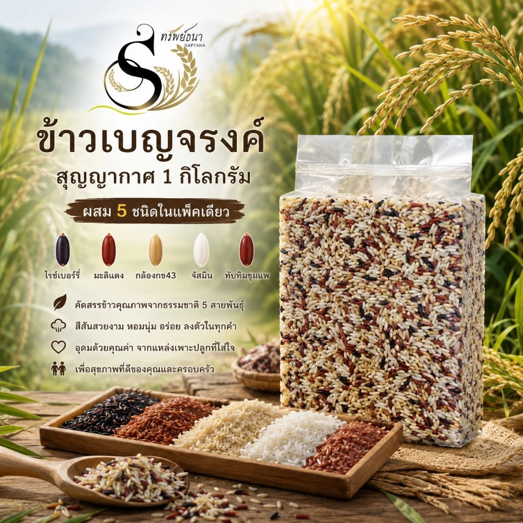 ข้าวเบญจรงค์ เพื่อสุขภาพ แพค1กิโลกรัม ตราทรัพย์ธนา