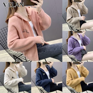 [พร้อมส่ง]คาร์ดิแกน เสื้อแขนยาวผู้หญิง มีฮู้ด มีซิป ผ้าลูกฟูก สีพื้น สบาย นุ่มนวล