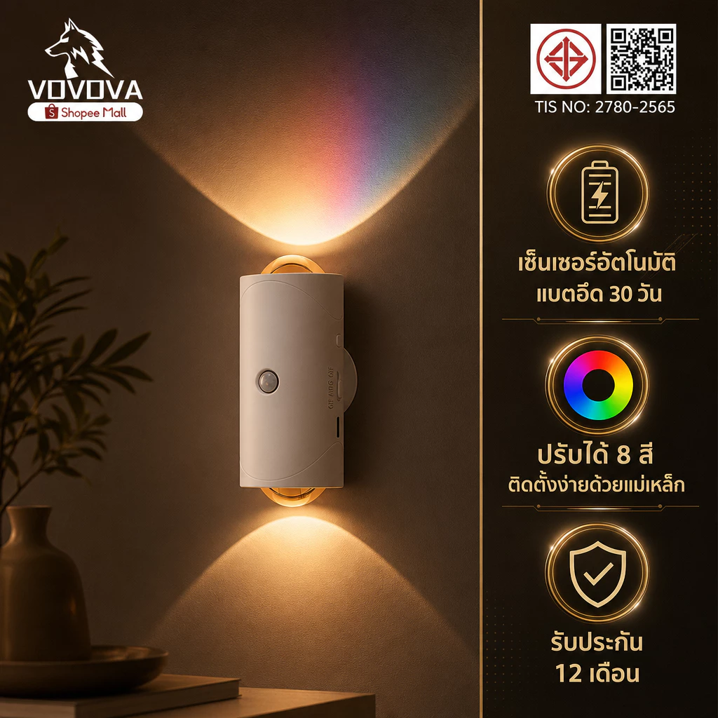 ไฟเซ็นเซอร์ติดผนัง 2 หัว RGB 8 สี เปลี่ยนสีได้ แม่เหล็ก อัตโนมัติ ไฟบันได ห้องนอน บาร์ ทางเดิน กันน้ำ ใช้งาน 30 วัน