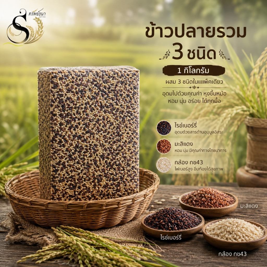 ข้าวปลายรวมสามชนิด แพคสุญญากาศ 1 กิโลกรัม ตรา ทรัพย์ธนา