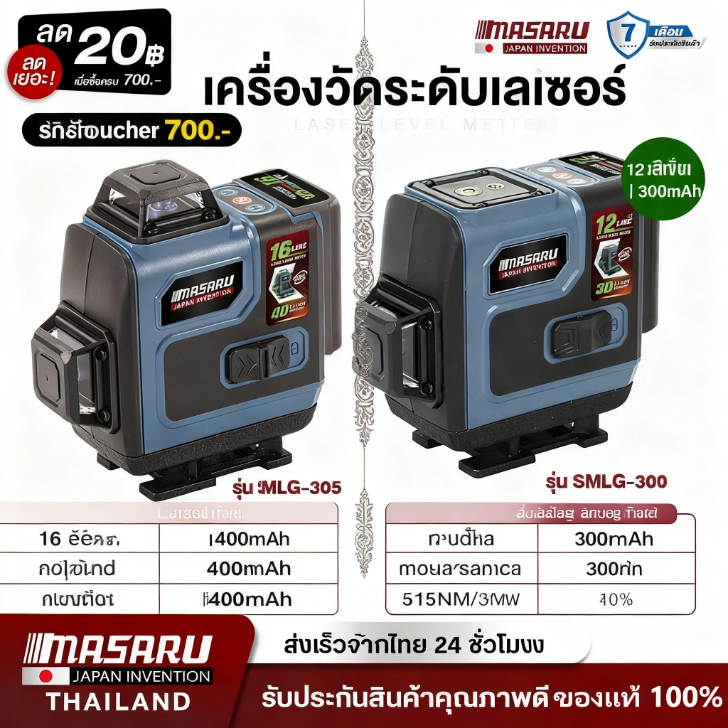 MASARU เครื่องวัดระดับเลเซอร์ รุ่น SMLG-300 / MAKASU SMLG-305 เลเซอร์สีเขียว ระดับเลเซอร์ ระดับน้ำเลเซอร์ 16 เส้น