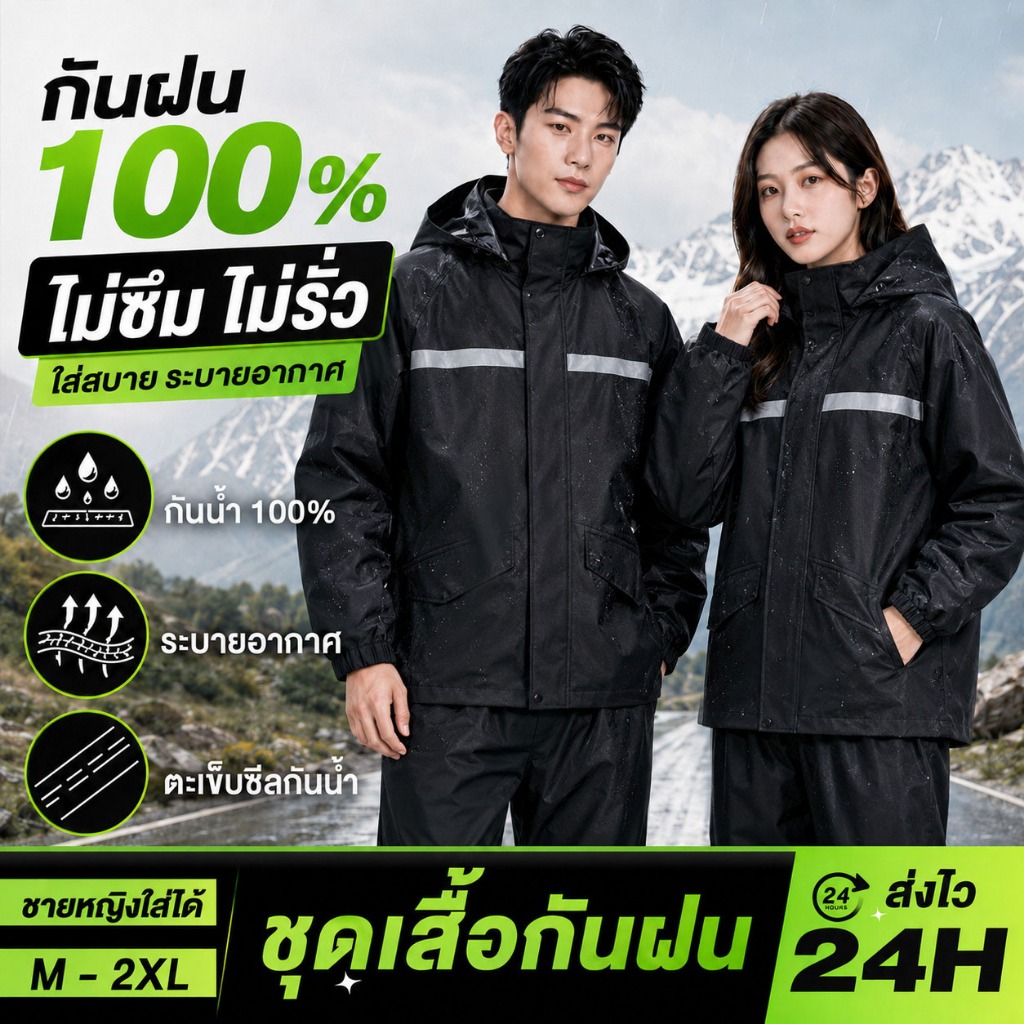 เสื้อกันฝน ชุดกันฝนมอเตอร์ไซค์ กันลมกันฝน แถบสะท้อนแสง ระบายอากาศดี ผ้านุ่มใส่สบาย สีดำสไตล์พรีเมียม