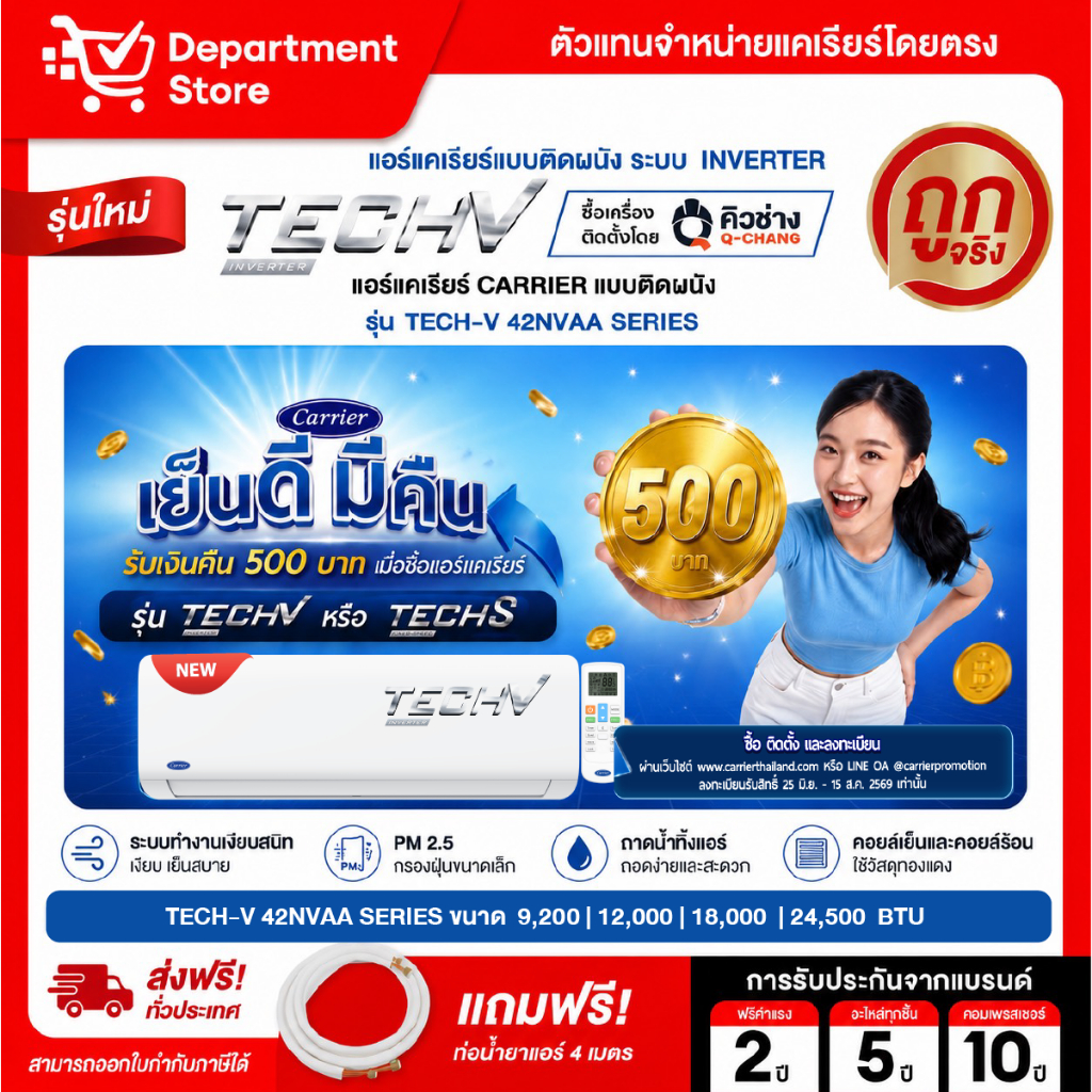 แอร์แคเรียร์ CARRIER แบบติดผนัง INVERTER ประหยัดไฟเบอร์ 5 รุ่น TECH-V 42NVAA SERIES + แถมท่อน้ำยาแอร์ 4 เมตร