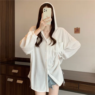 Beryl 🌻 เสื้อแจ็คเก็ตมีฮู้ดสีขาวบางสำหรับผู้หญิง เสื้อแขนยาวลำลองทรงหลวมสำหรับผู้หญิง