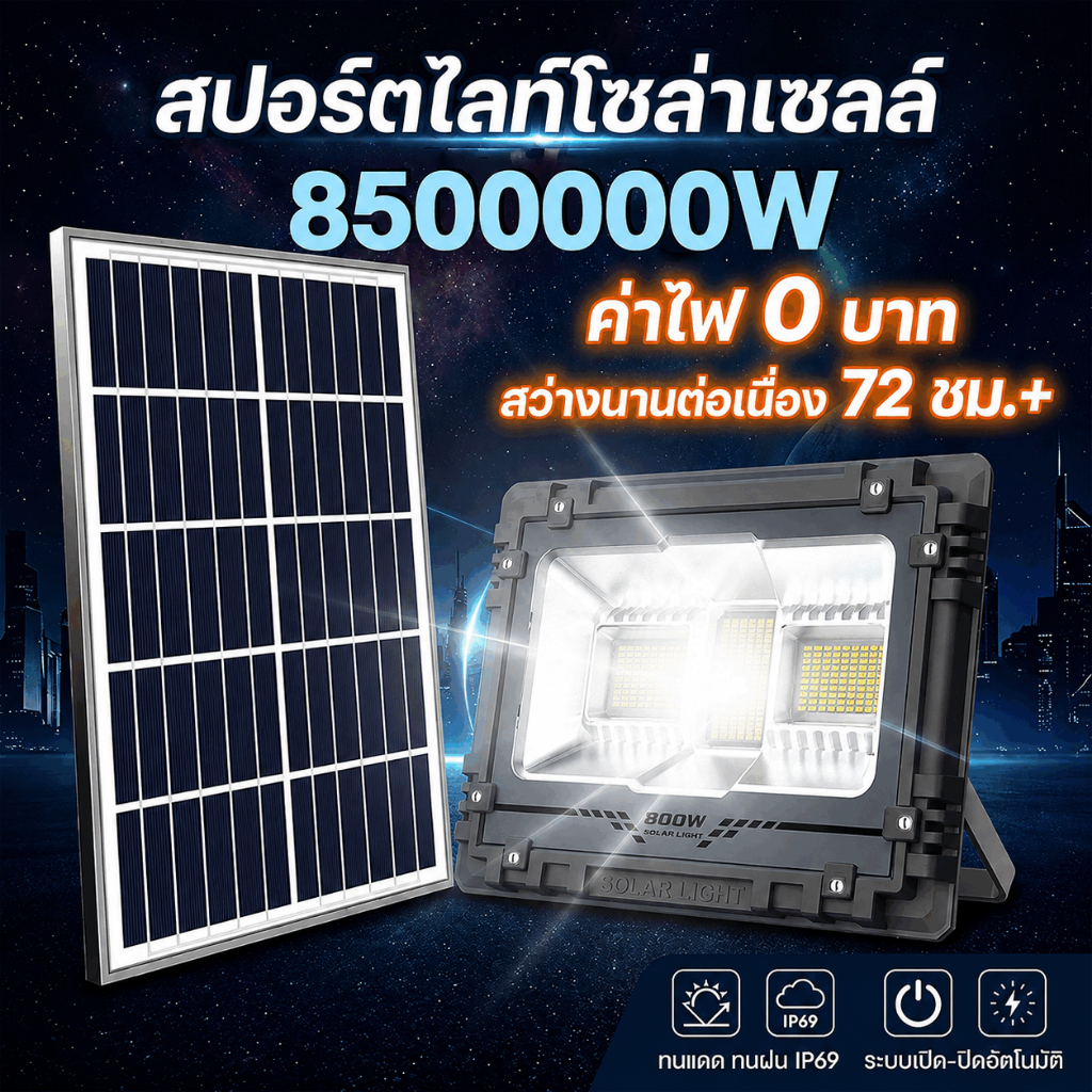 ไฟโซล่าเซลล์ IP67 กันน้ำ กันฟ้าผ่า 850000W Solar Light เซ็นเซอร์