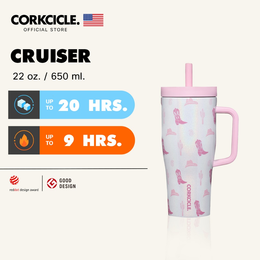 Corkcicle กระบอกน้ำ 22 oz (650 ml) Cruiser Tumbler | Cowgirl ขาวกลิตเตอร์ | Keeps Cold เก็บเย็น 20hrs | แก้วพกพา