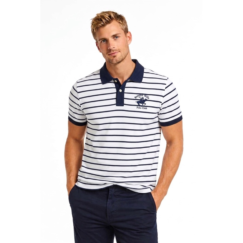 Beverly Hill Polo Club เสื้อโปโลผู้ชาย แขนสั้นพิมพ์ลาย สีน้ำเงินเข้มและขาว KB Size M Slim Fit (มือสอ