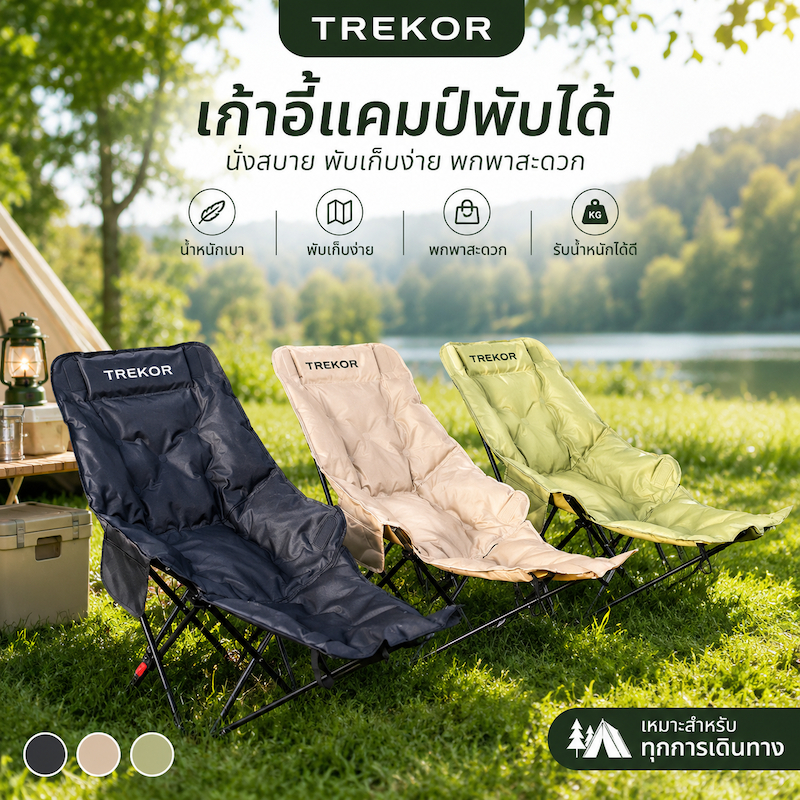 เก้าอี้ตั้งแคมป์พับได้ เบาะผ้าฝ้ายที่พักขาปรับได้ รับน้ำหนักได้150กก.เก้าอี้เลานจ์สำหรับการตั้งแคมป์ เก้าอี้แคมป์ปิ้ง เก