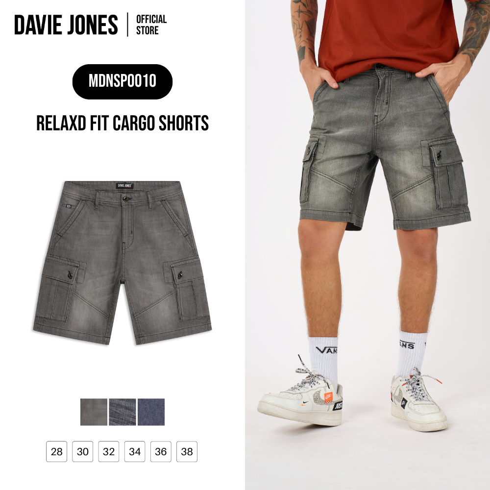 DAVIE JONES [BE FEARLESS] กางเกงคาร์โก้ขาสั้นผู้ชาย Relax Fit Cargo Shorts สีเขียว กรม ดำ SH0015