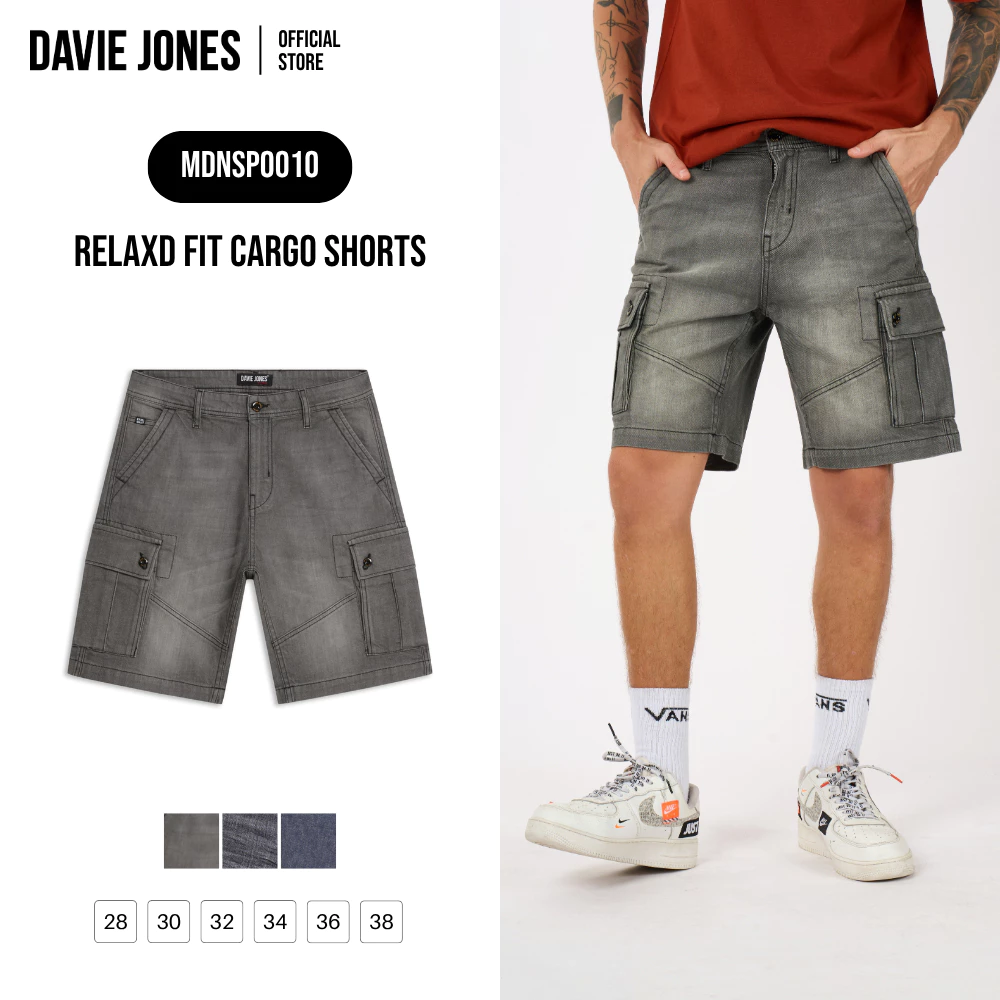 DAVIE JONES [BE FEARLESS] กางเกงคาร์โก้ขาสั้น Relax Fit Cargo Shorts สีเทา ดำ กรม SP0010