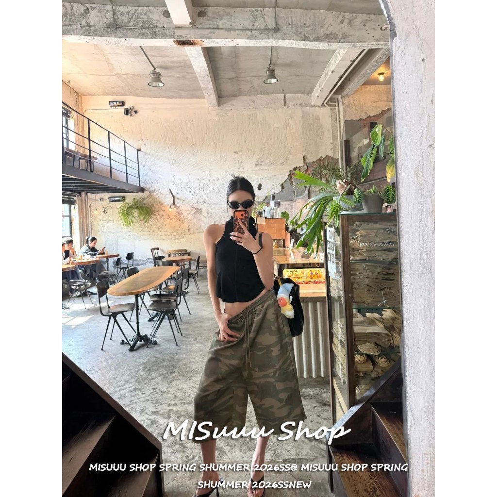 [Misuuu-Casual Wide-Leg Cropped Pants]กางเกงขาสั้น7ส่วนลำลองสบายเชือกดึงลายลอกทหารวินเทจสไตล์สาวฮอตอเมริกัน